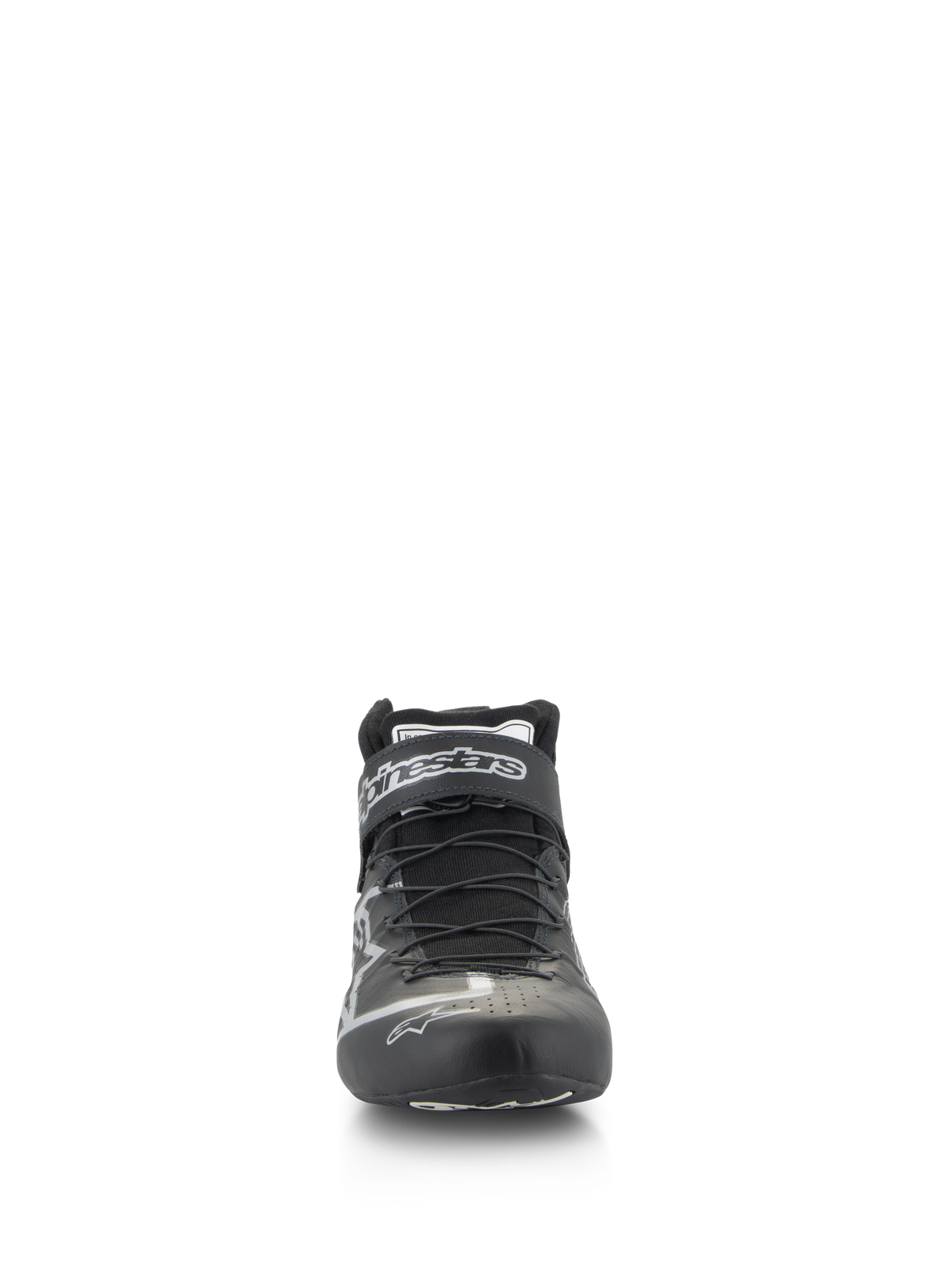 Alpinestars Tech-1 Z V3 Shoes FIA, Auto Racing Shoes, Black and Silver, front-facing view showing speed lacing system and Alpinestars logo on the strap, sleek bovine leather construction for professional motorsport performance