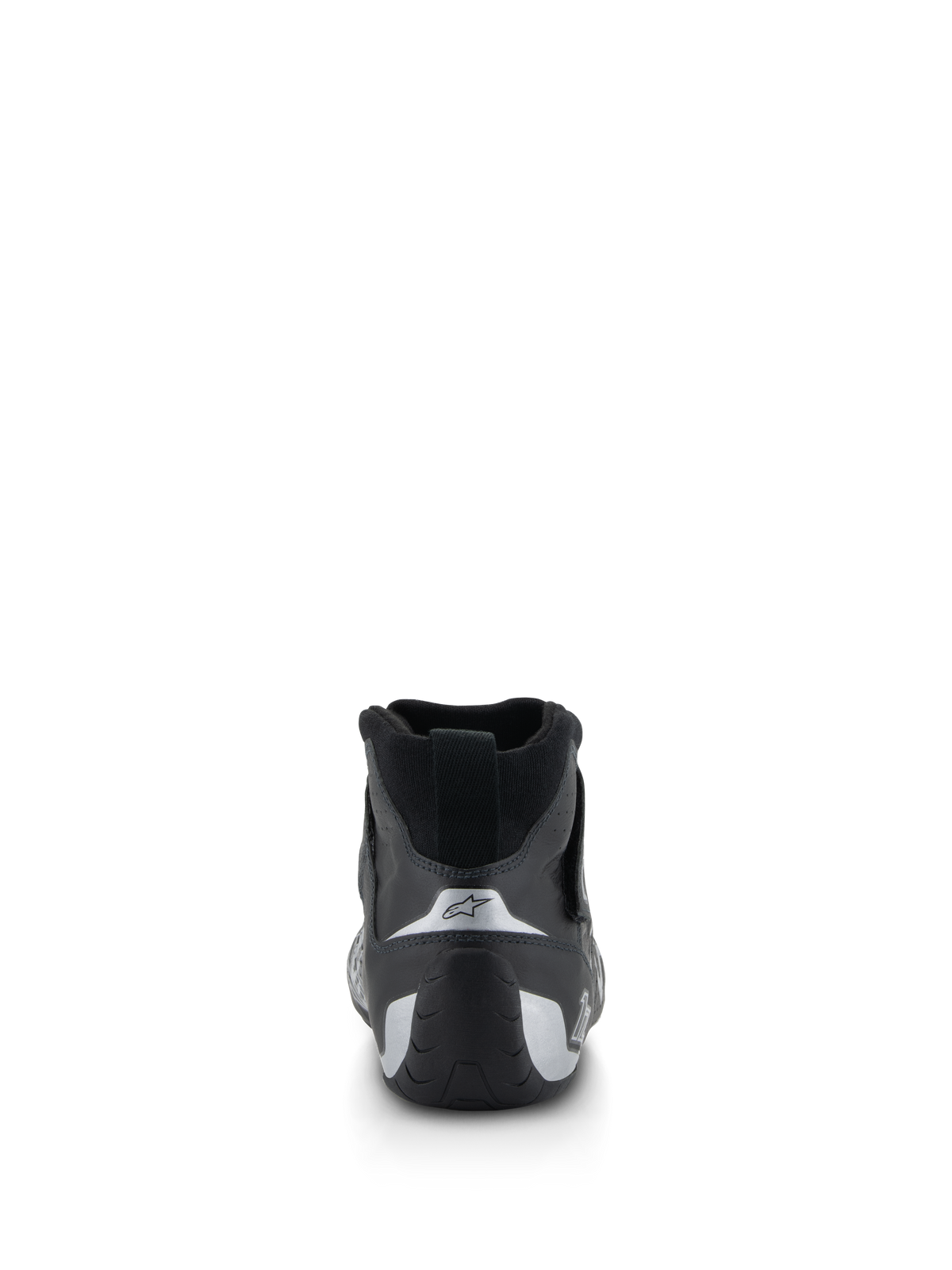 Alpinestars Tech-1 Z V3 Shoes FIA, Auto Racing Shoes, Black and Silver, rear view showing contoured heel with silver accents and star logo, professional motorsport footwear