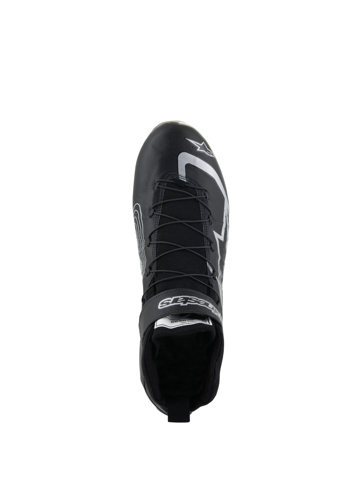 Alpinestars Tech-1 Z V3 Shoes FIA, Auto Racing Shoes, Black and Silver, overhead view showing speed lacing system and Alpinestars branding, professional bovine leather motorsport footwear