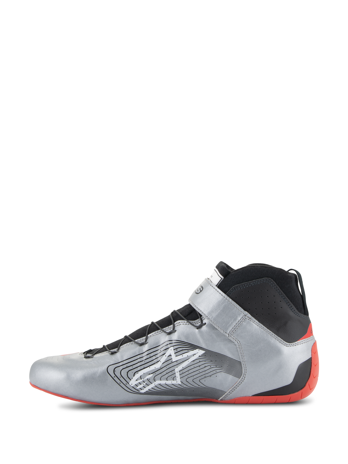 Alpinestars Tech-1 Z V3 Shoes FIA, Auto Racing Shoes, Dark Silver Black and Red, side profile of a professional driving shoe, metallic silver leather upper with black knit collar, featuring white Alpinestars logo and thin red rubber sole
