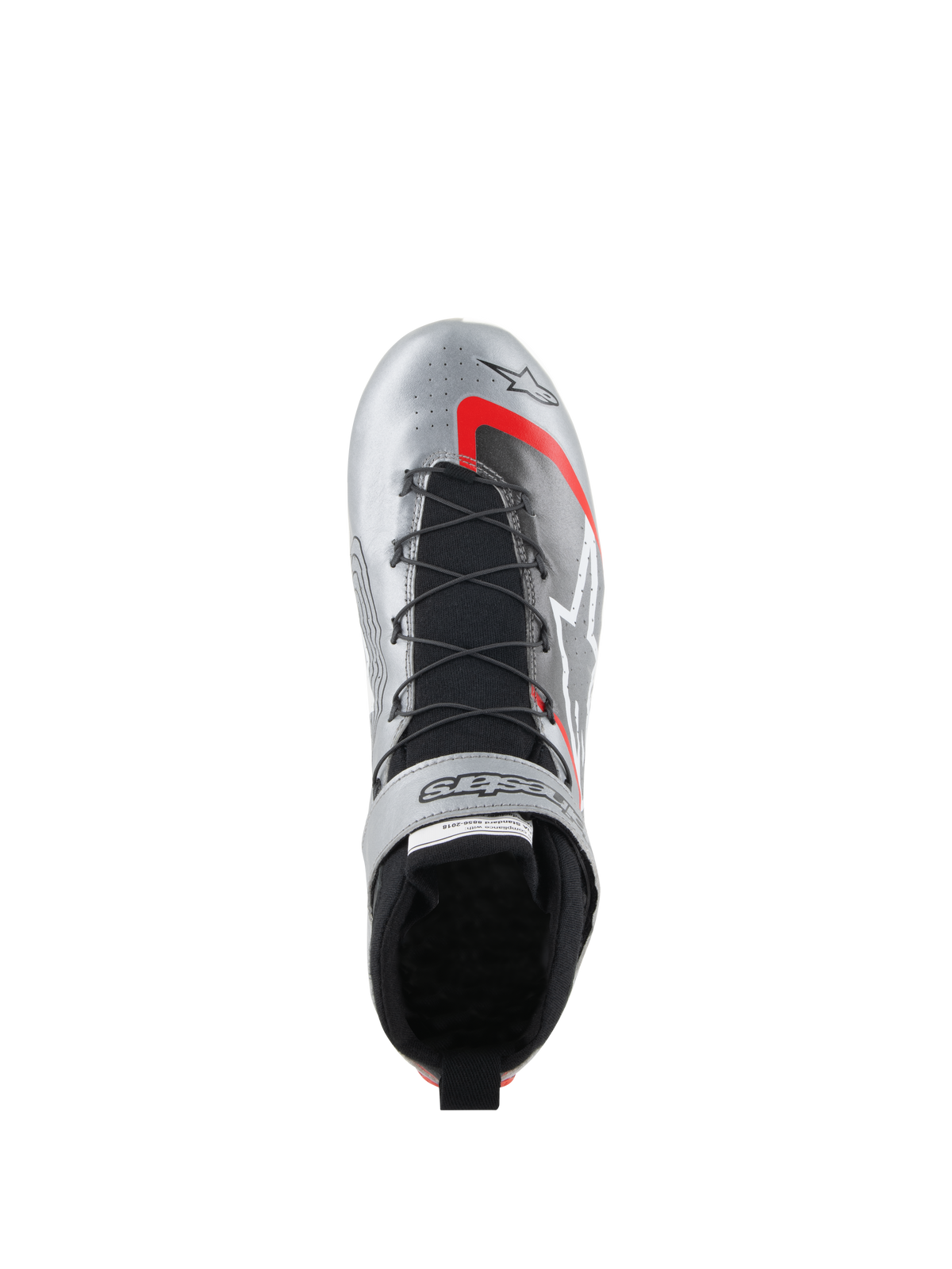Alpinestars Tech-1 Z V3 Shoes FIA, Auto Racing Shoes, Dark Silver with Black and Red accents, top-down view showing the speed lacing system, black knitted tongue, and metallic leather finish with bold branding.