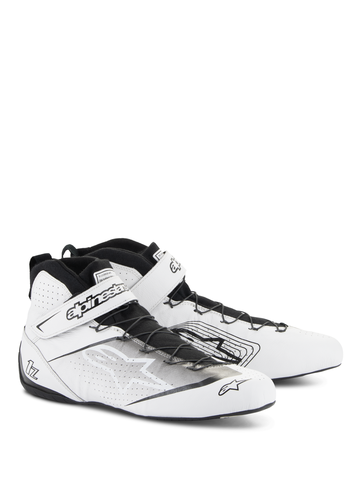 Buty Alpinestars Tech-1 Z V3 FIA, buty do wyścigów samochodowych, biało-czarne, wykonane z najwyższej jakości skóry bydlęcej z perforowanymi panelami, system szybkiego sznurowania z bezpiecznym paskiem na rzep, smukły, profesjonalny design motorsportowy