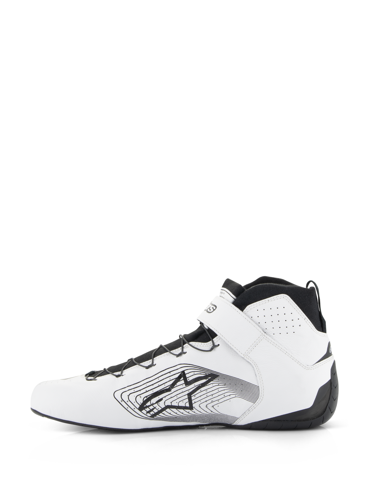 Alpinestars Tech-1 Z V3 Shoes FIA, buty samochodowe, biało-czarne, profil boczny buta wyścigowego ze skóry premium z czarnym systemem szybkiego sznurowania, białym paskiem na kostce i logo gwiazdy Alpinestars z liniową grafiką na boku