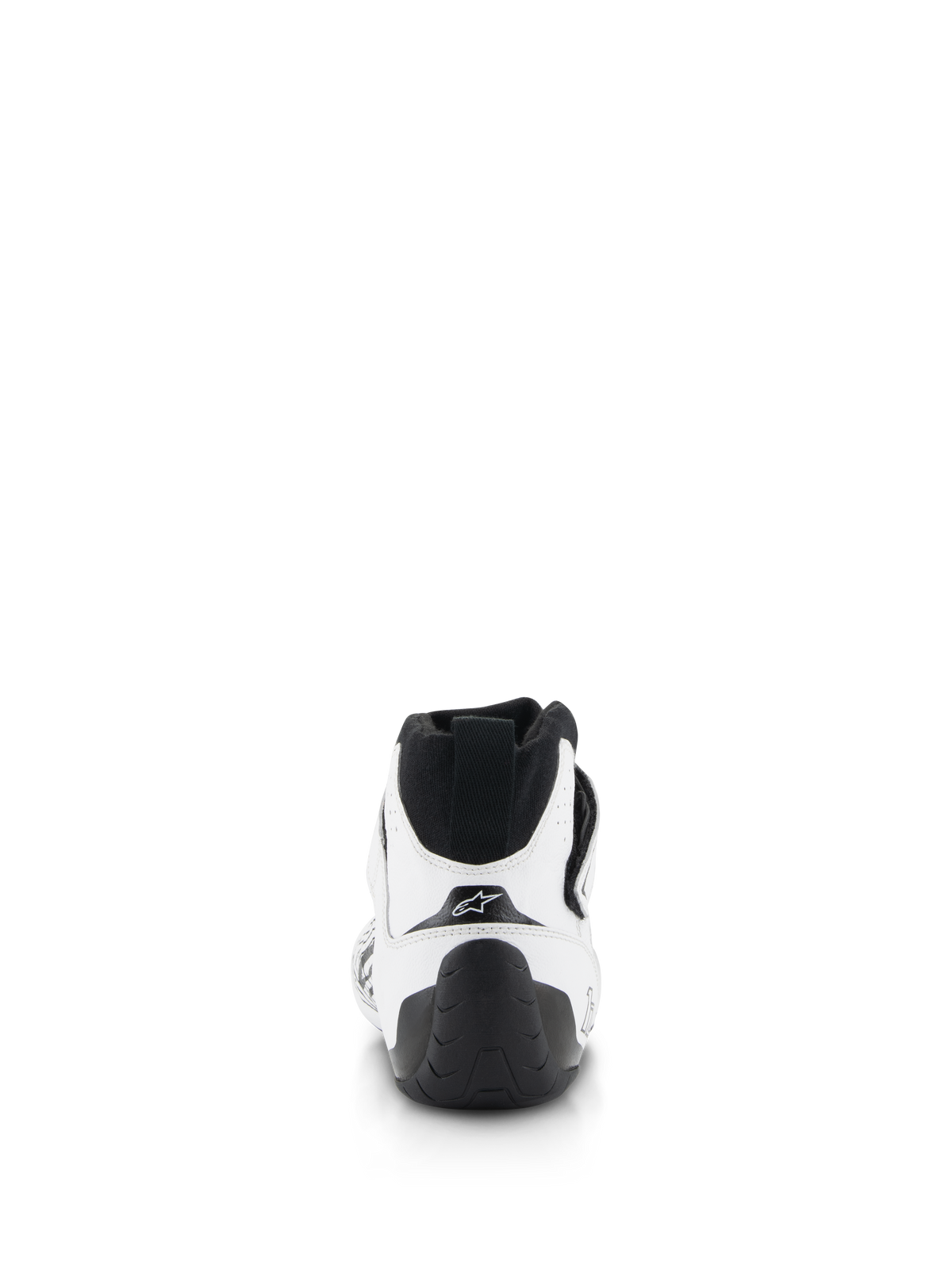 Alpinestars Tech-1 Z V3 Shoes FIA, buty do wyścigów samochodowych, biało-czarne, widok z tyłu z czarnym uchwytem na pięcie, teksturowaną gumową podeszwą i cholewką z białej skóry bydlęcej z logo gwiazdy Alpinestars
