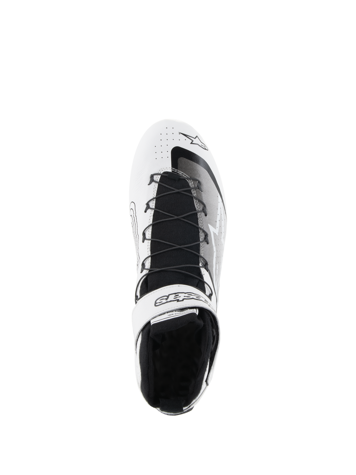 Alpinestars Tech-1 Z V3 Shoes FIA, buty wyścigowe, biało-czarne, widok z góry ukazujący system szybkiego sznurowania, markowy pasek na rzep przy kostce, czarny dzianinowy język i perforowaną skórzaną cholewkę dla wyścigowej wydajności