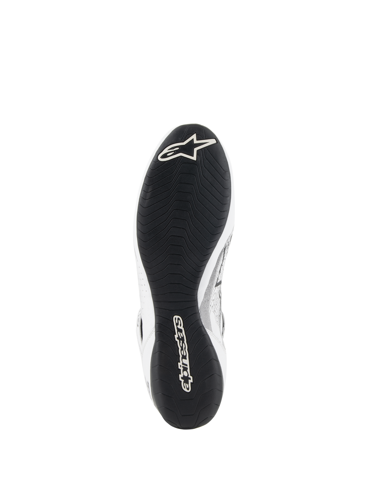Alpinestars Tech-1 Z V3 Shoes FIA, buty samochodowe, biało-czarne, widok od dołu prezentujący cienką gumową podeszwę zewnętrzną inspirowaną F1 z asymetrycznym bieżnikiem, białe logo Alpinestars na palcach i branding na pięcie
