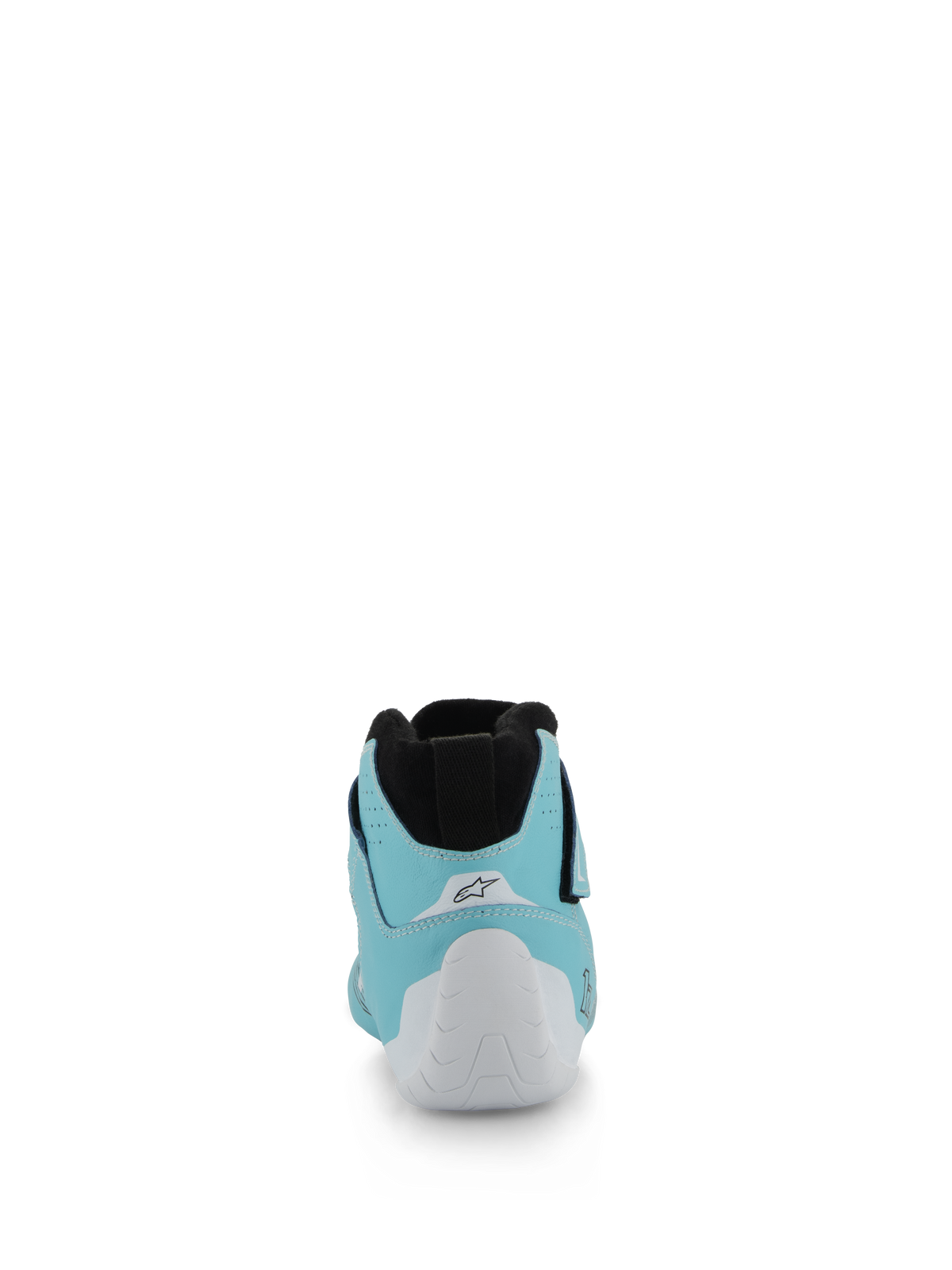 Alpinestars Tech-1 Z V3 Shoes FIA, Auto Racing Shoes, Light Teal White and Black, rear view showing the white thermo-formed heel cup and black knitted stretch collar, professional motorsport footwear
