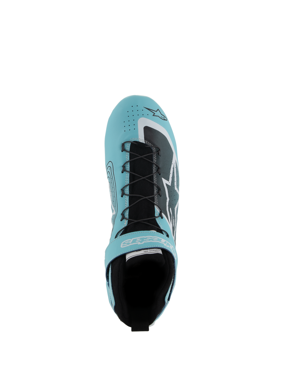 Alpinestars Tech-1 Z V3 Shoes FIA, Auto Racing Footwear, Light Teal White and Black, top-down view showing speed lacing system, velcro strap, and perforated leather upper, designed for professional motorsport performance