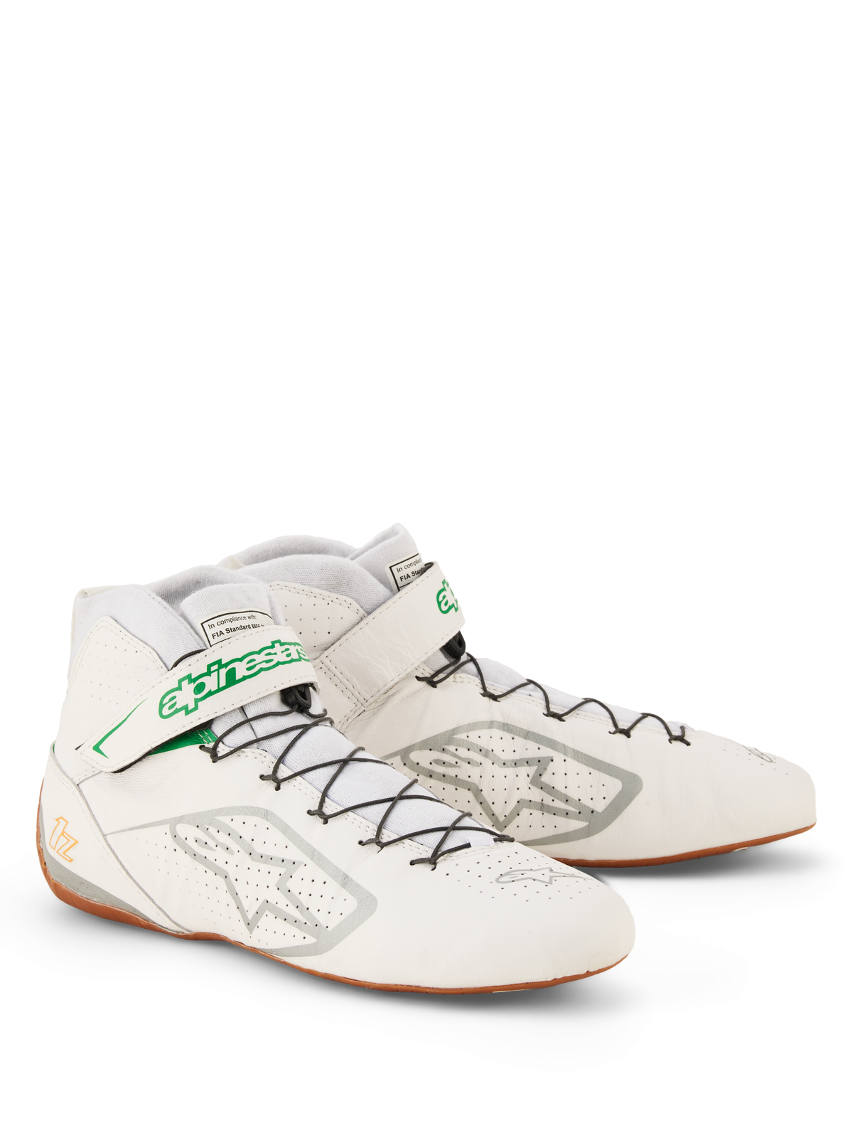 Buty Alpinestars Tech-1 Z V3 FIA, biało-zielone buty wyścigowe z kauczukowymi i srebrnymi detalami, cholewka z perforowanej skóry bydlęcej, system szybkiego sznurowania z zielonym paskiem z logo, cienka gumowa podeszwa zapewniająca wyczucie pedałów, profesjonalne obuwie motorsportowe