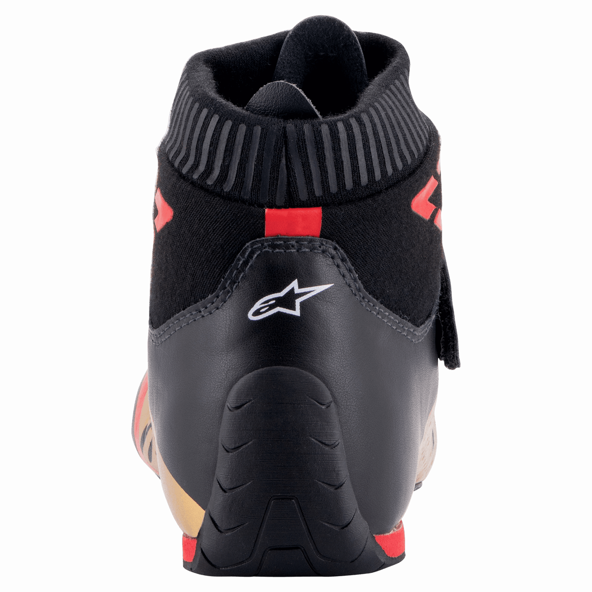 Alpinestars Supermono V2 Shoes FIA, widok z tyłu na piętę buta wyścigowego, czarne z białym logo gwiazdy i czerwonymi akcentami, żebrowany ognioodporny kołnierz i opływowa skórzana konstrukcja