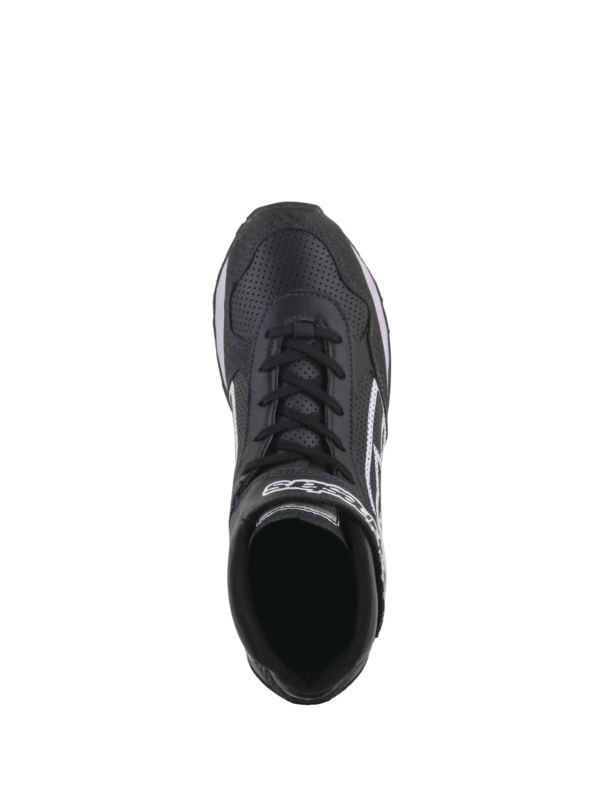 Buty Alpinestars Radar, buty dla załóg pit-stopowych, czarno-białe, widok z góry podkreślający perforowaną skórzaną cholewkę, podwójny system zamykania ze sznurowadłami i paskiem na rzep, białe logo Alpinestars, wytrzymała konstrukcja dla profesjonalnych zespołów pit-stopowych