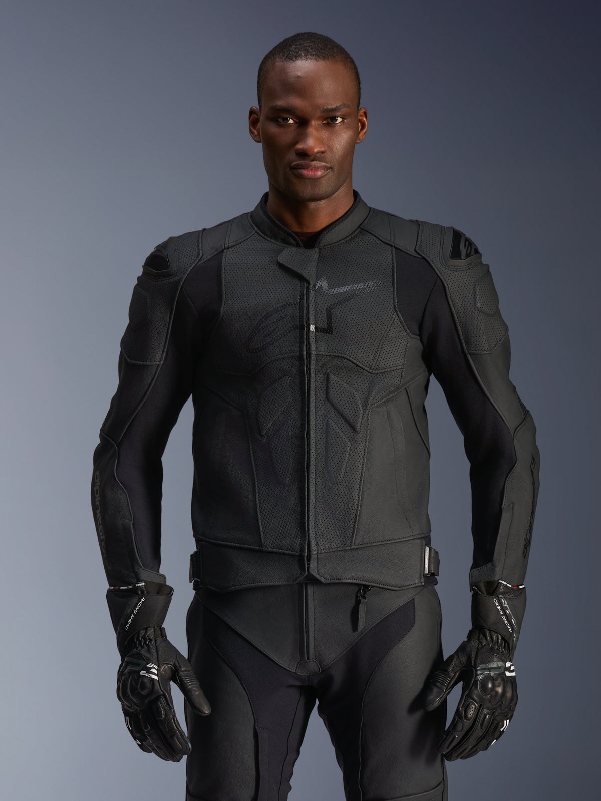 Alpinestars Dusk Airflow Leather Jacket, Black Motorcycle Jacket, Perforated Leather with Protective Padding on Shoulders, Form-Fitting Design, Worn with Matching Black Armored Gloves
