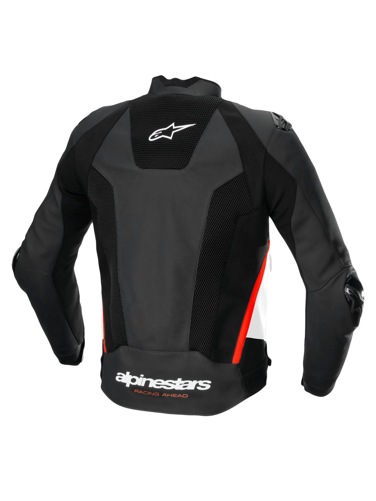 Skórzana kurtka Missile V3 Airflow Alpinestars, męska kurtka motocyklowa wyścigowa, widok z tyłu, czarna z białymi i czerwonymi akcentami, konstrukcja z perforowanej skóry z certyfikowaną ochroną CE