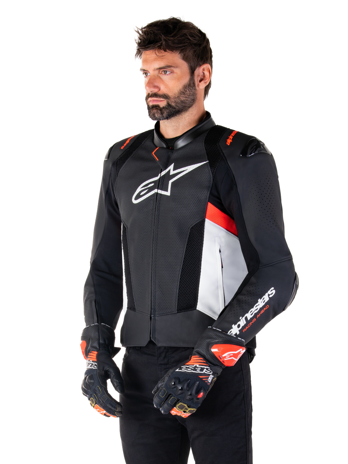 Skórzana kurtka Alpinestars Missile V3 Airflow, czarno-biało-czerwona (Red Fluo), sportowa kurtka motocyklowa, model w dopasowanych rękawicach, perforowane panele skórzane, duże białe logo na klatce piersiowej, czarne slidery na ramionach