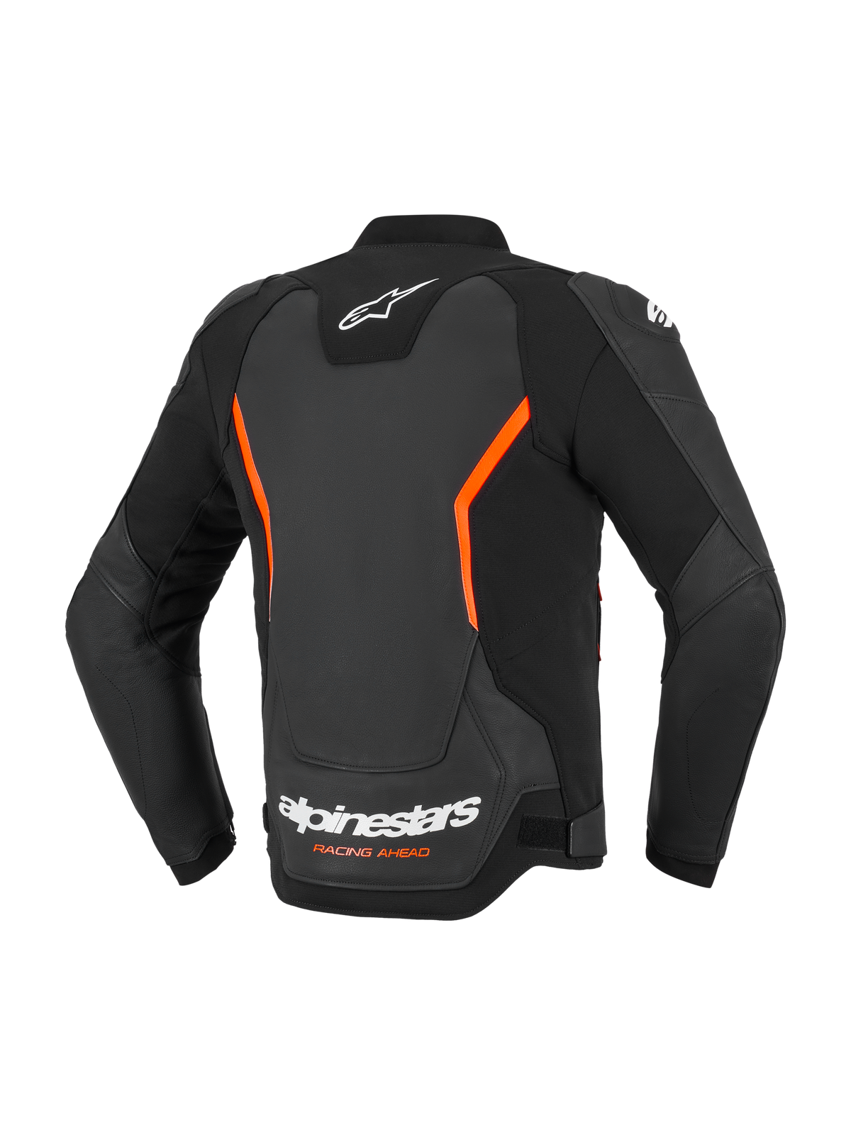 Skórzana kurtka Alpinestars GP Force V2, skórzana kurtka motocyklowa, czarno-czerwona fluo, widok z tyłu z białymi logo Alpinestars i pomarańczowym napisem Racing Ahead, kanciaste akcenty fluo, wielopanelowa konstrukcja z wyprofilowanymi rękawami