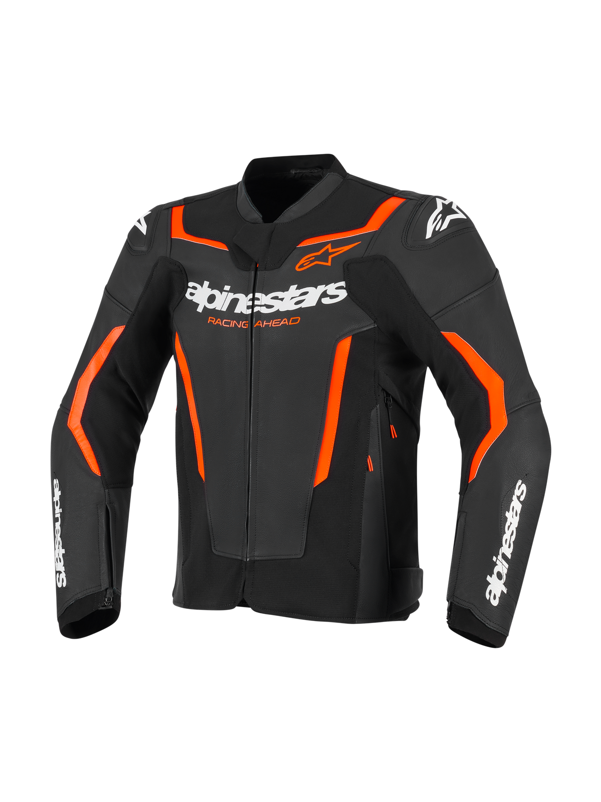 Alpinestars GP Force V2 Leather Jacket, sportowa kurtka motocyklowa, czarna z neonowymi czerwonymi i pomarańczowymi akcentami, białe logo Alpinestars, profesjonalna skórzana konstrukcja o sportowym kroju