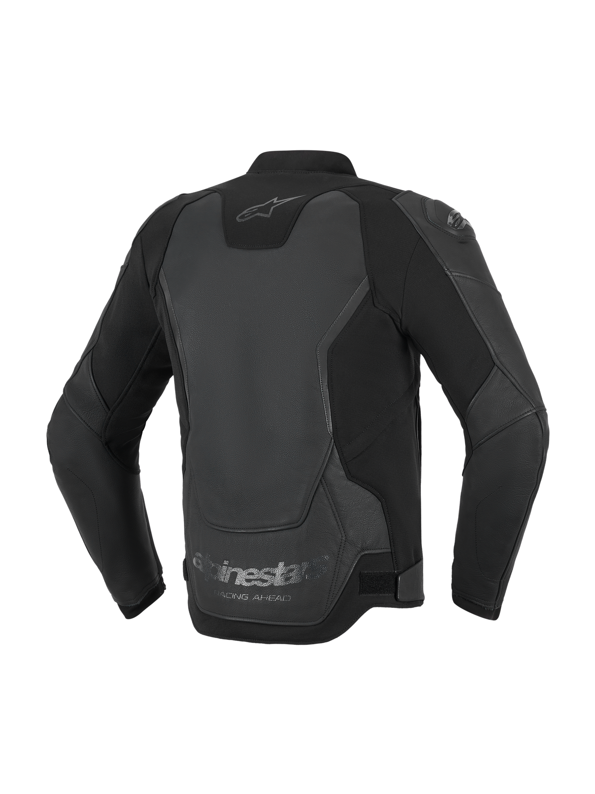 Alpinestars GP Force V2 Leather Jacket, kurtka motocyklowa, czarna, widok z tyłu prezentujący wielopanelową konstrukcję ze skóry i materiałów tekstylnych, logo Alpinestars na karku oraz napis „Racing Ahead” na dolnej krawędzi.
