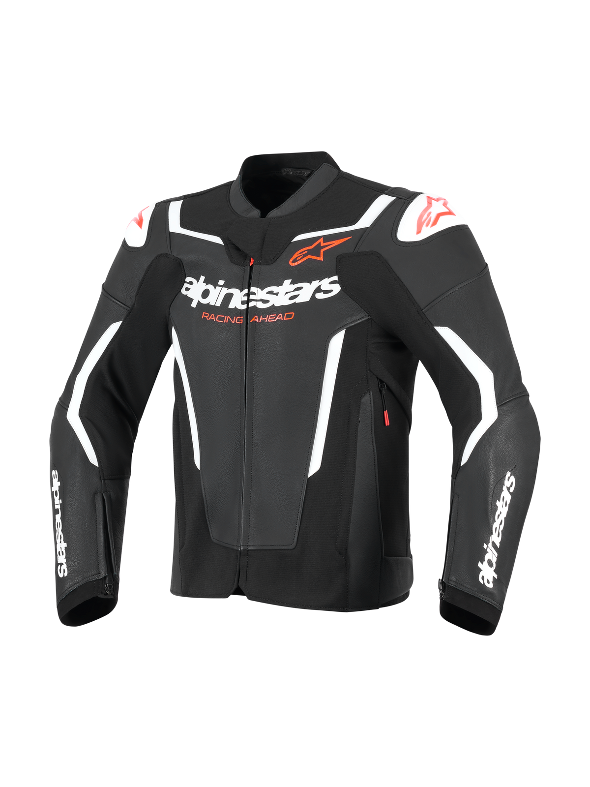 Alpinestars GP Force V2 Leather Jacket, Sport Motorcycle Jacket, Black and White, featuring bold white alpinestars branding on the chest and sleeves, red star logos, and external shoulder sliders, professional racing-inspired leather design.