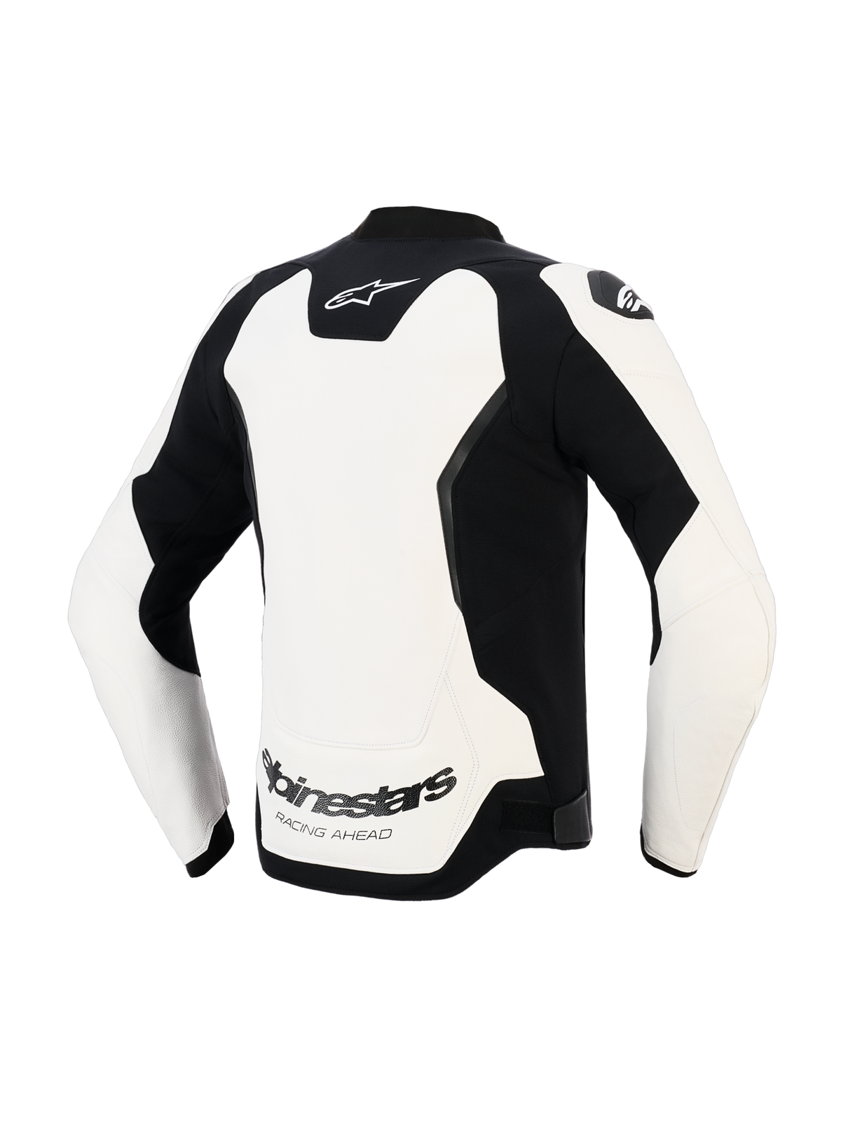 Alpinestars GP Force V2 Leather Jacket, Rear View, White and Black, features a large white back panel with a black Alpinestars logo at the top and "RACING AHEAD" text on the lower back, sport-optimized leather motorcycle jacket with stretch inserts and protective shoulder shields.