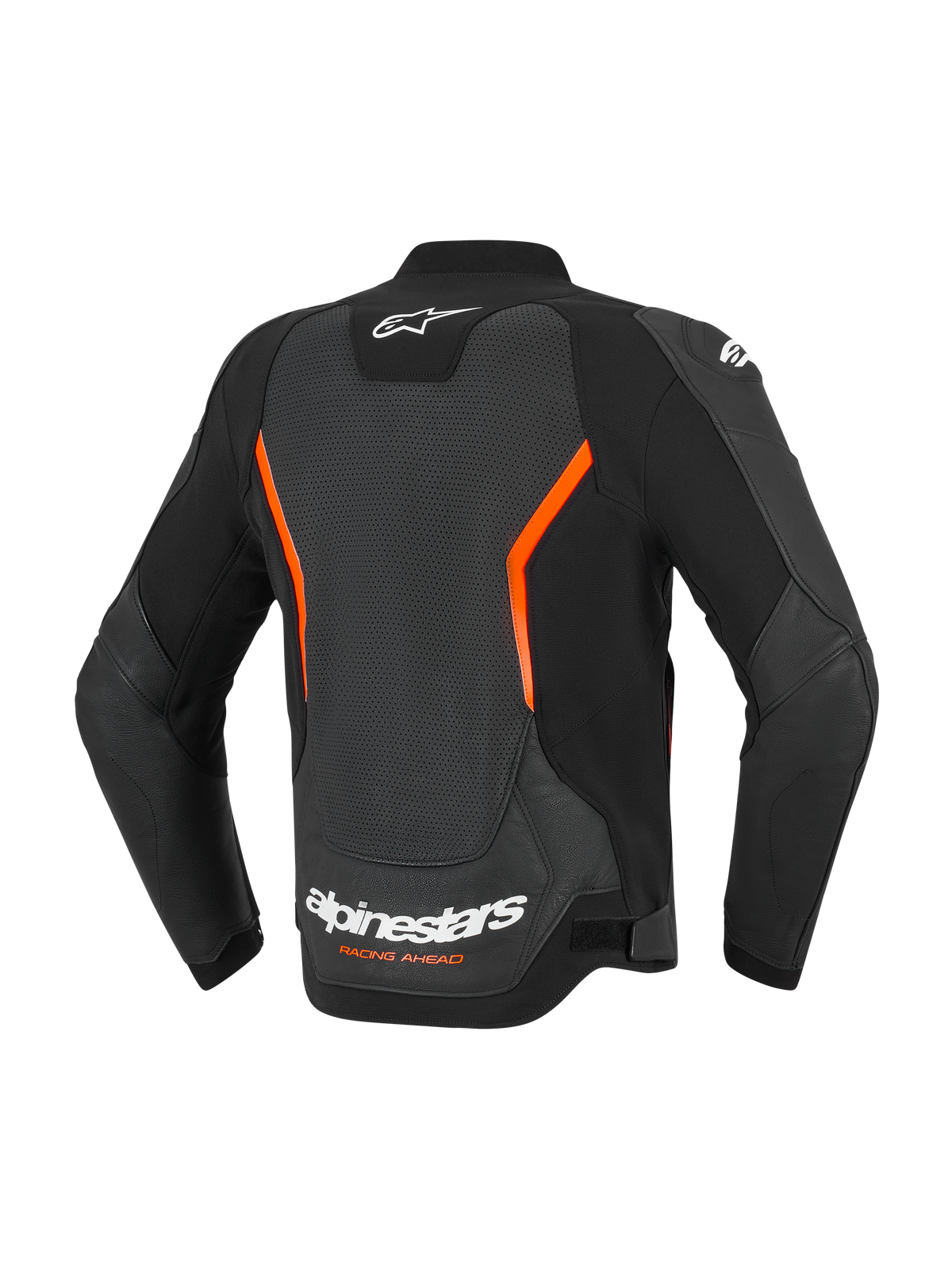 Alpinestars GP Force V2 Air Leather Jacket, widok z tyłu, czarna z czerwonymi elementami fluo, duży perforowany panel na plecach zapewniający przepływ powietrza, białe logo Alpinestars i napis „Racing Ahead” na dole pleców, ergonomiczne profilowane rękawy
