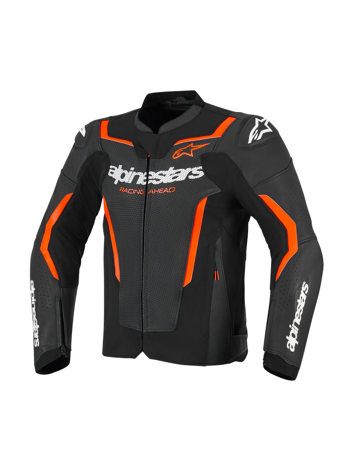 Alpinestars GP Force V2 Air Leather Jacket, czarno-czerwona (Fluo), perforowana skórzana kurtka motocyklowa, białe logo Alpinestars na klatce piersiowej i rękawach, jaskrawopomarańczowe akcenty i zintegrowane ochraniacze ramion, widok z przodu
