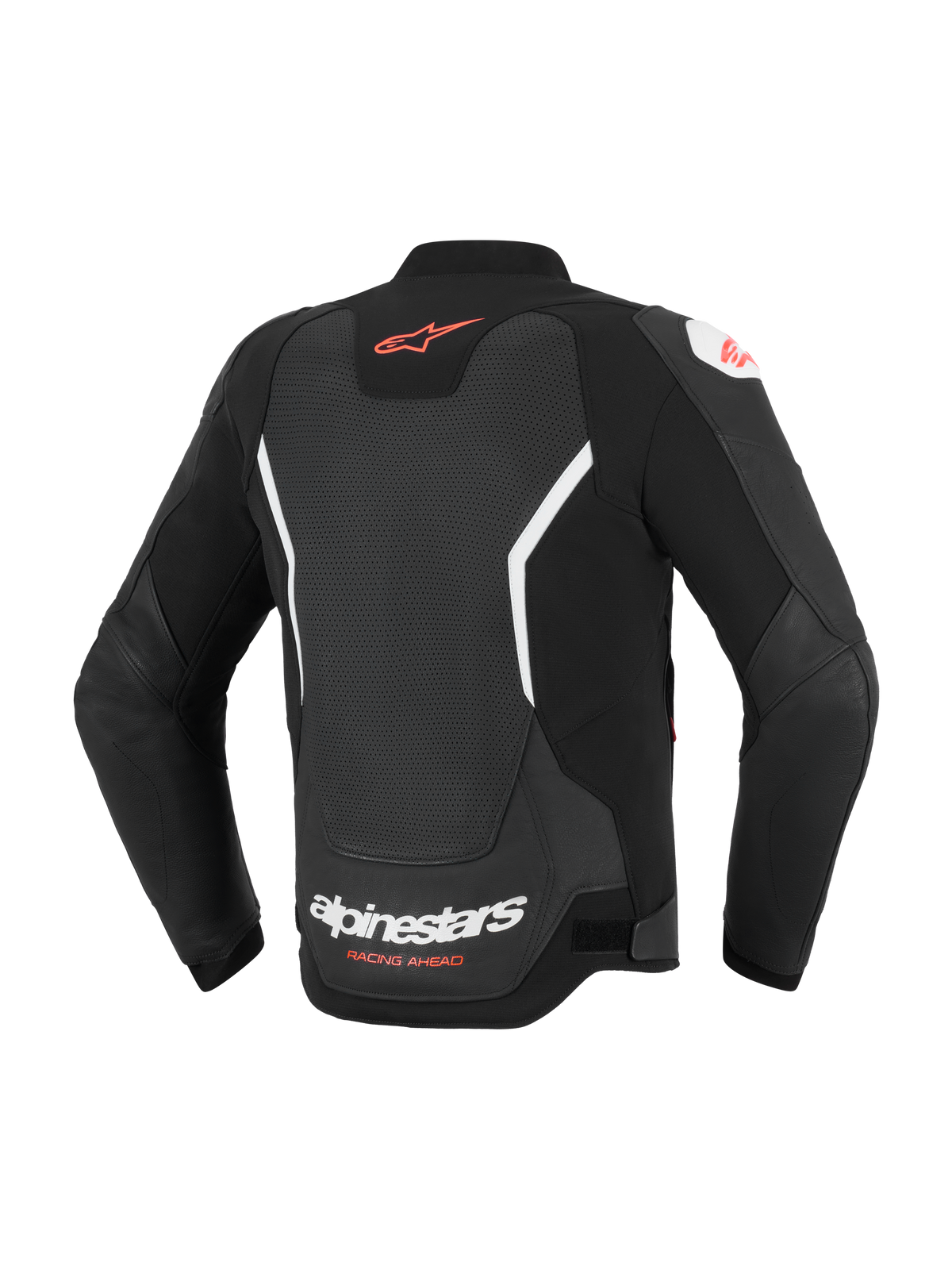 Kurtka skórzana Alpinestars GP Force V2 Air, widok z tyłu, czarno-biała, z rozległym perforowanym panelem na plecach zapewniającym wentylację, czerwonym logo Alpinestars w górnej części pleców i białym brandingiem w dolnej części, wykonana z najwyższej jakości skóry bydlęcej do jazdy sportowej