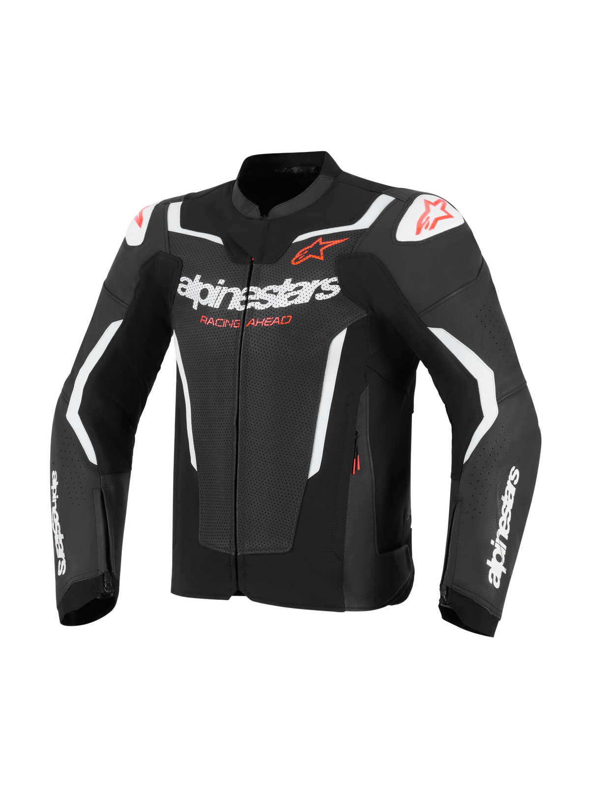 Skórzana kurtka motocyklowa Alpinestars GP Force V2 Air, czarno-biała z czerwonymi akcentami, z perforowanymi panelami skórzanymi zapewniającymi przepływ powietrza, białe logo Alpinestars i napis „Racing Ahead”, slidery ramion DFS, sportowy design wyścigowy
