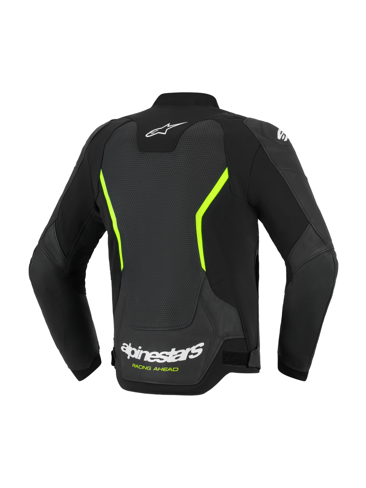 Skórzana kurtka motocyklowa Alpinestars GP Force V2 Air, drogowa, czarna i żółta fluo, widok z tyłu prezentujący duże panele z perforowanej skóry, białe logo Alpinestars, jaskrawożółte akcenty i sportowy krój