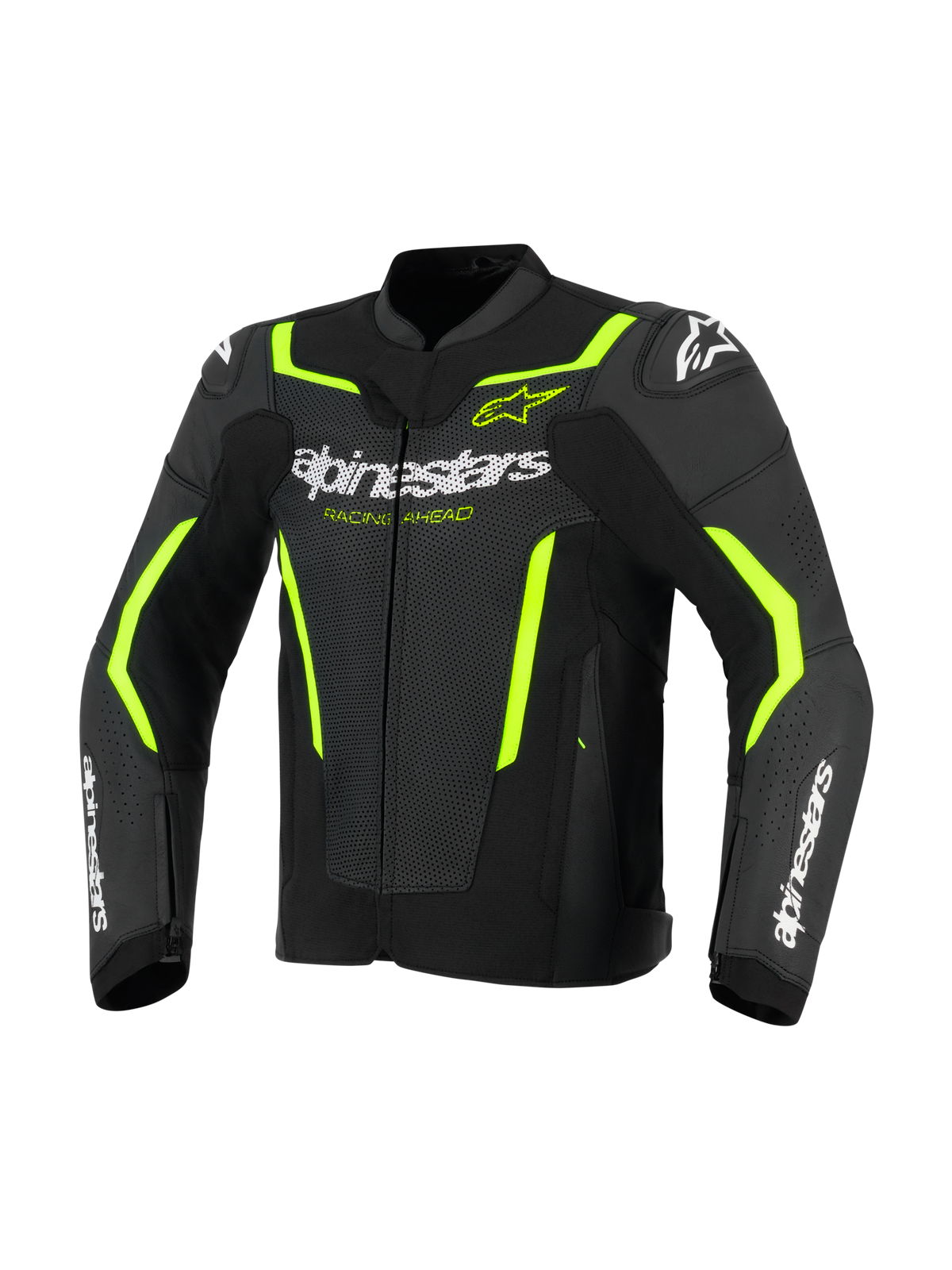 Alpinestars GP Force V2 Air Leather Jacket, skórzana kurtka motocyklowa, czarna z żółtymi akcentami fluo, z perforowanymi panelami skórzanymi zapewniającymi przepływ powietrza, wyraźnym białym logo Alpinestars na klatce piersiowej i przedramionach oraz fluorescencyjnymi żółtymi detalami na ramionach i rękawach nadającymi sportowy wygląd.