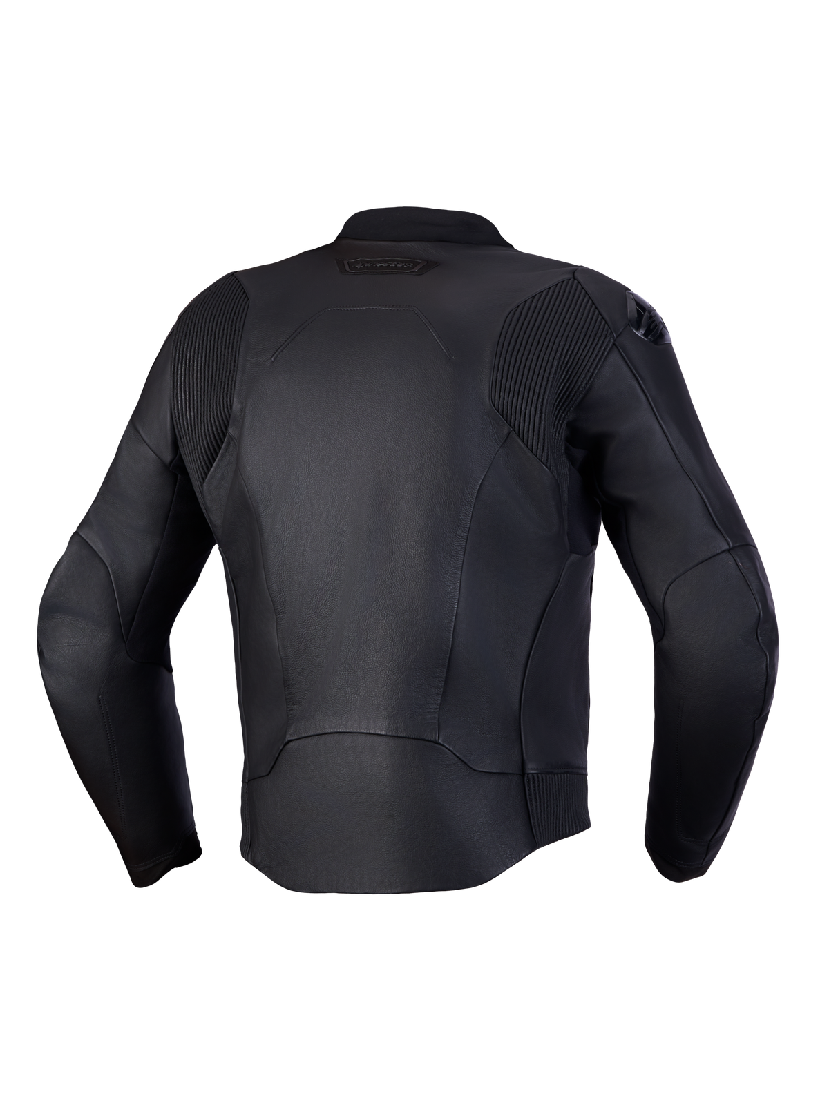 Alpinestars Caliber V2, czarna kurtka skórzana motocyklowa, widok z tyłu pokazujący skórzane elastyczne panele harmonijkowe na ramionach i w pasie