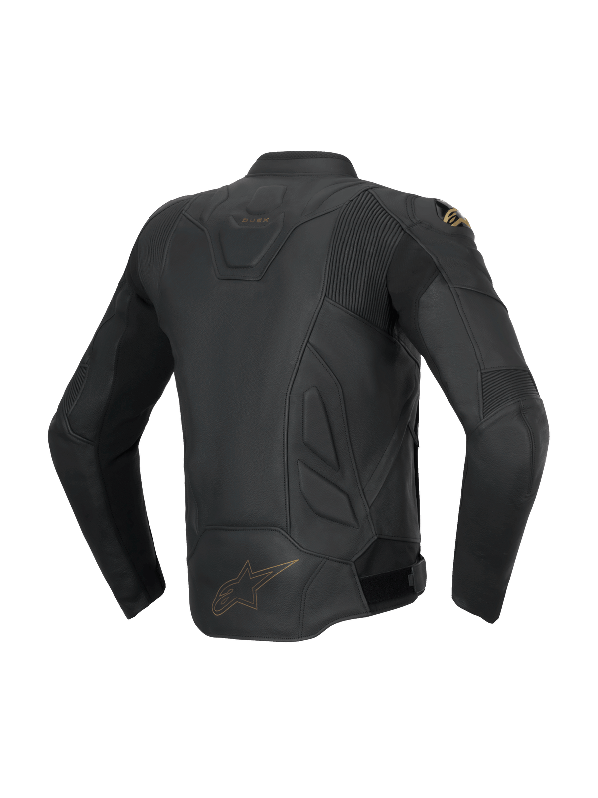 Alpinestars Kurtka Dusk Skórzana, męska sportowa kurtka motocyklowa road, czarna, skóra bydlęca, widok z tyłu z elastycznymi panelami akordeonowymi i złotym logo Astars.
