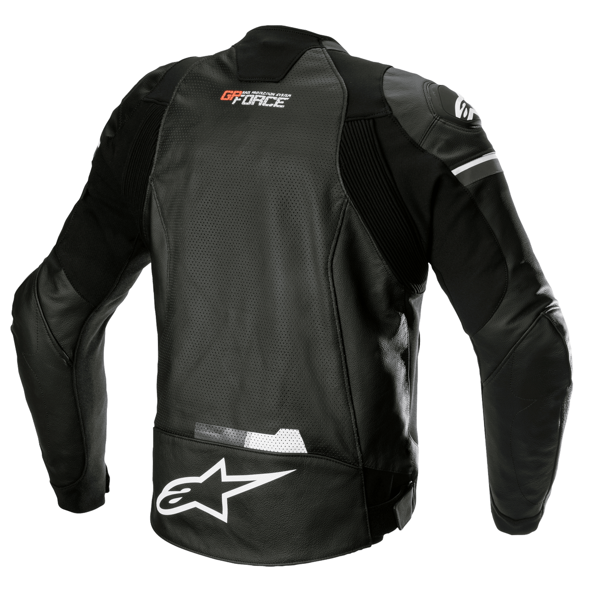 Skórzana kurtka Alpinestars GP Force Airflow, czarna, widok od tyłu, perforowana skóra bawola zapewniająca wentylację, branding GP Force na karku, duże białe logo gwiazdy Alpinestars w dolnej części pleców i zintegrowane panele elastyczne zapewniające sportowy krój