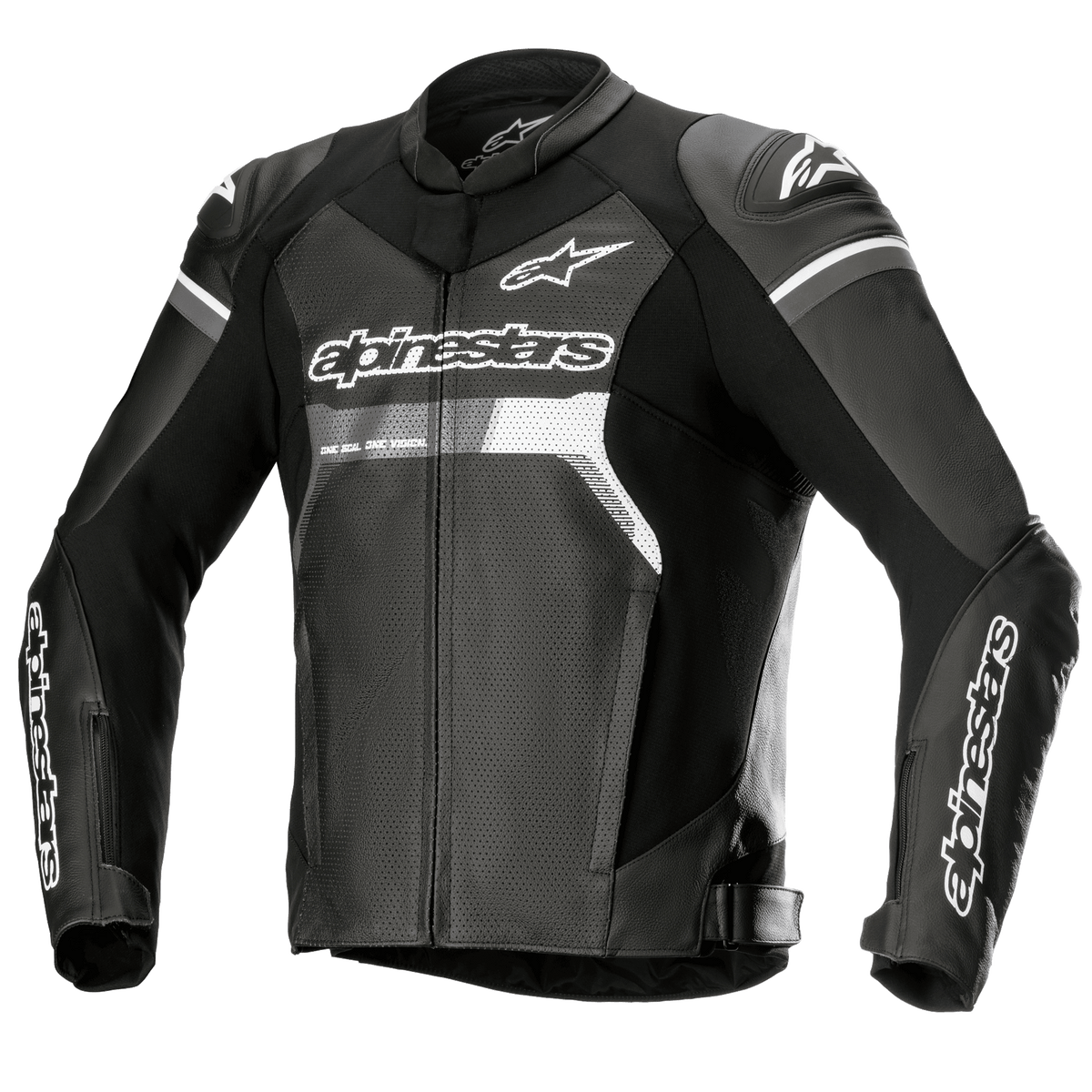 Alpinestars GP Force Airflow Leather Jacket, skórzana kurtka motocyklowa, czarna z białymi i szarymi akcentami, w pełni perforowana skóra na klatce piersiowej i plecach dla wentylacji, zewnętrzne slidery ramion DFS Lite, białe logo Alpinestars na klatce piersiowej i rękawach, sportowy design szosowy