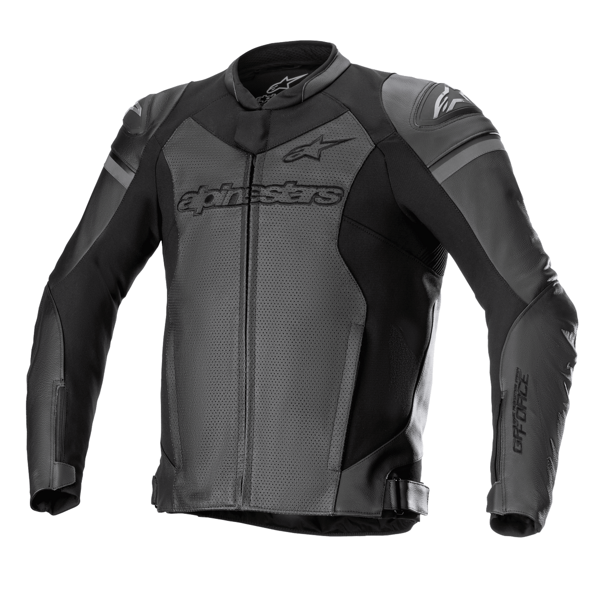 Alpinestars GP Force Airflow Leather Jacket, Motorcycle Racing Jacket, Black and Dark Gray, Perforated Panels for Ventilation, external DFS Lite shoulder sliders, bold branding on chest and sleeves, premium leather construction with adjustable waist straps