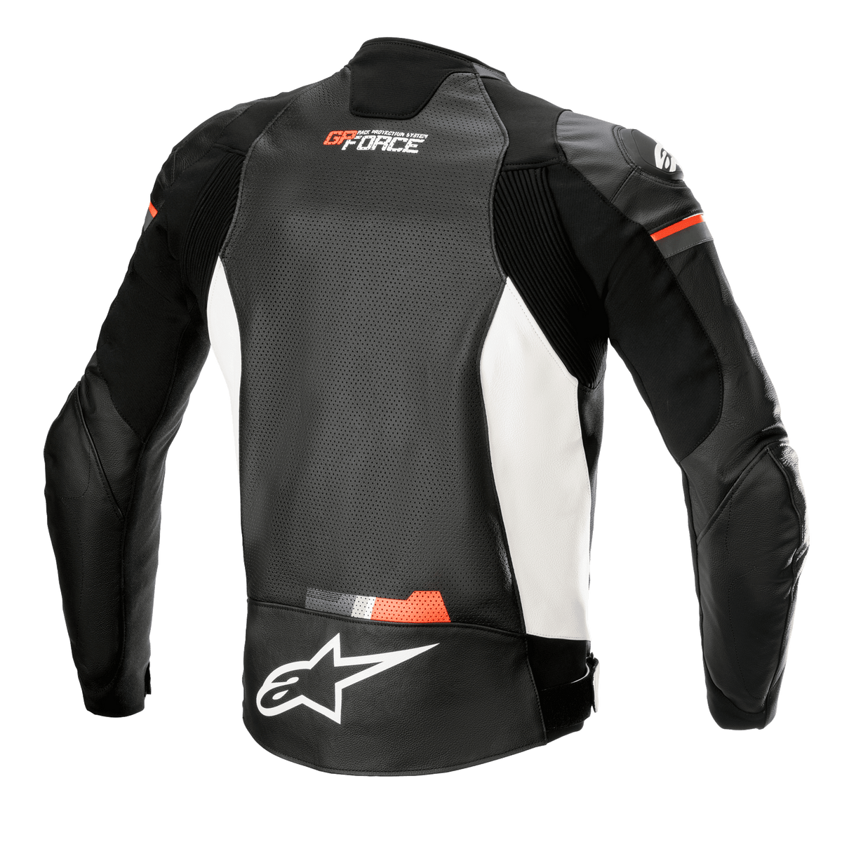 Skórzana kurtka Alpinestars GP Force Airflow, widok z tyłu, czarna z białymi i fluorescencyjnymi czerwonymi elementami, perforowany skórzany panel na plecach dla wentylacji, elastyczne wstawki harmonijkowe na ramionach i bokach, białe logo Alpinestars na dole pleców, branding GP Force, sportowa odzież motocyklowa