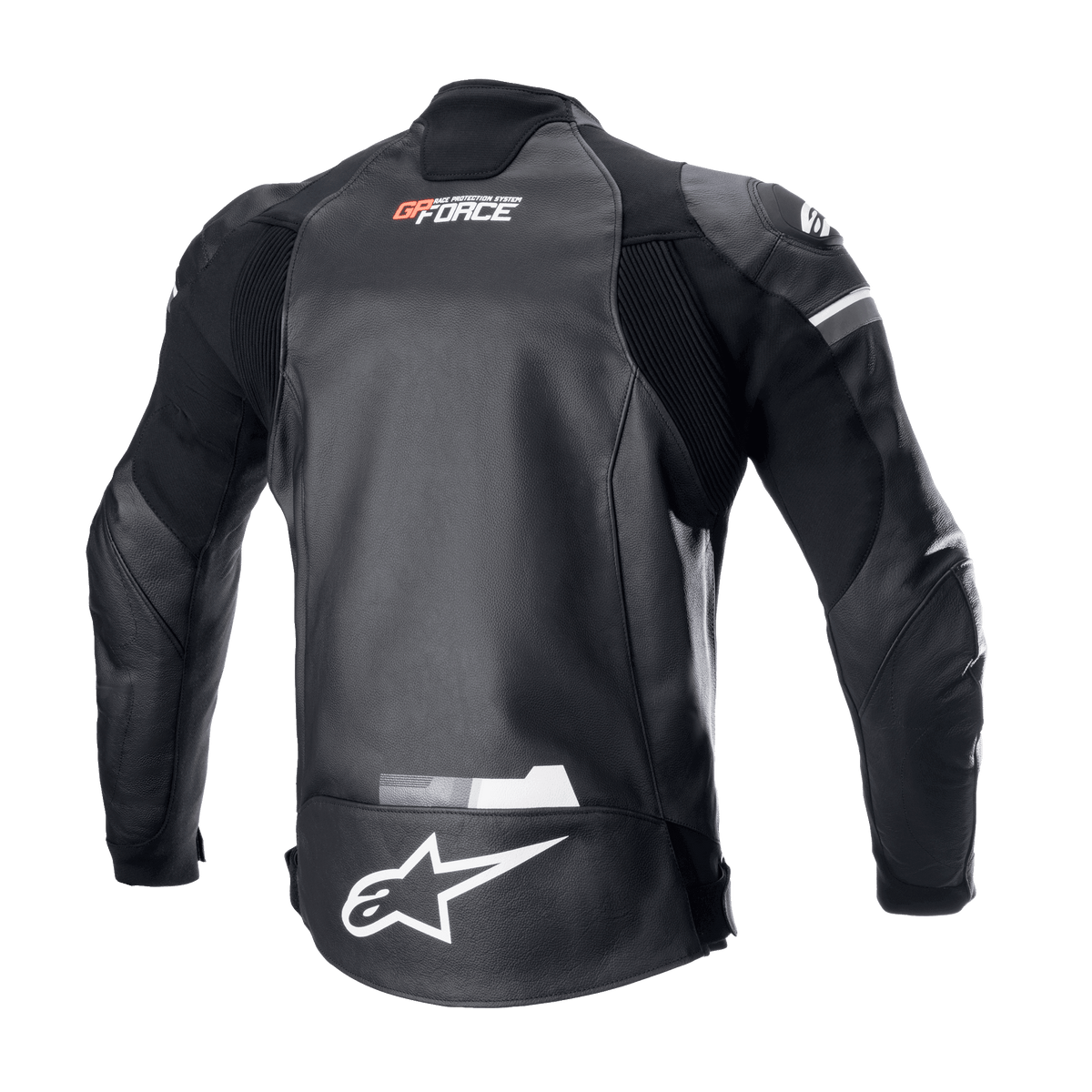 Alpinestars GP Force Leather Jacket, Black, Rear view featuring white Alpinestars logo on the lower back and GP Force branding on the upper back, accordion stretch panels and durable bovine leather construction for road racing