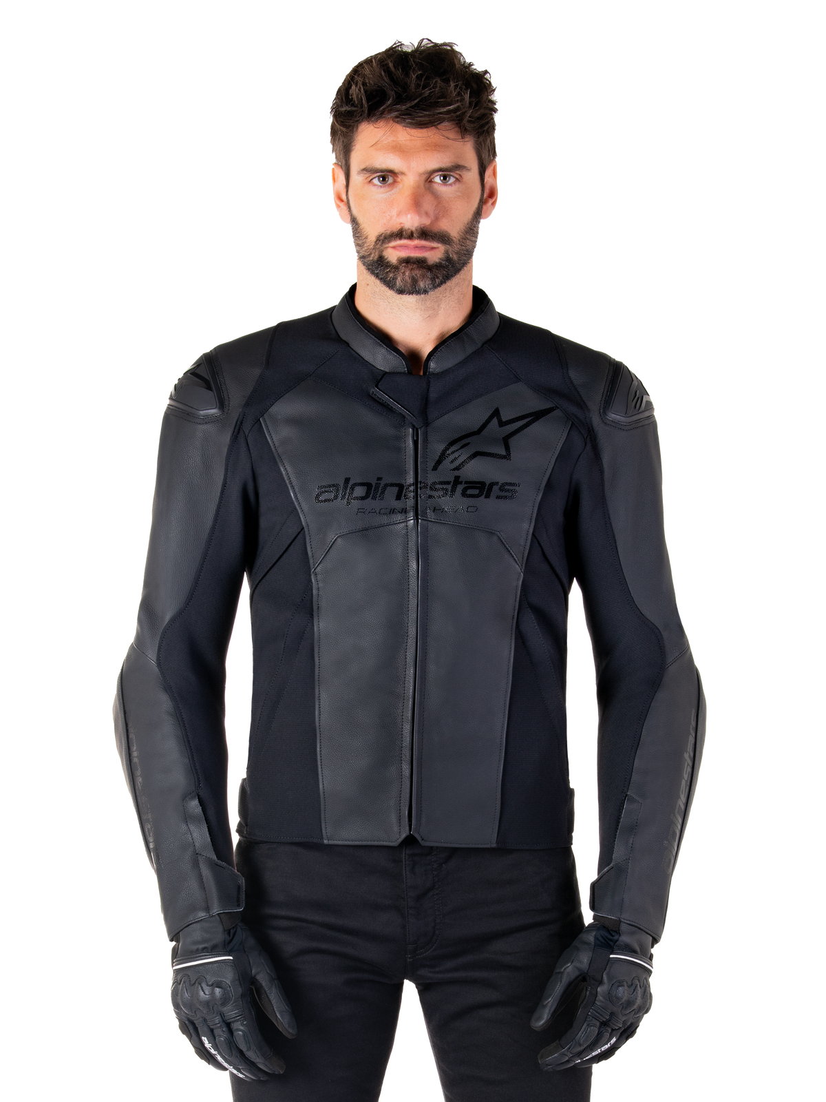 Skórzana kurtka Alpinestars Faster V3, czarna kurtka motocyklowa, skóra premium z elastycznymi panelami HRSF, dopasowany sportowy krój, wzmocnione ramiona z ochraniaczami, czarne rękawice, profesjonalny sprzęt do jazdy szosowej