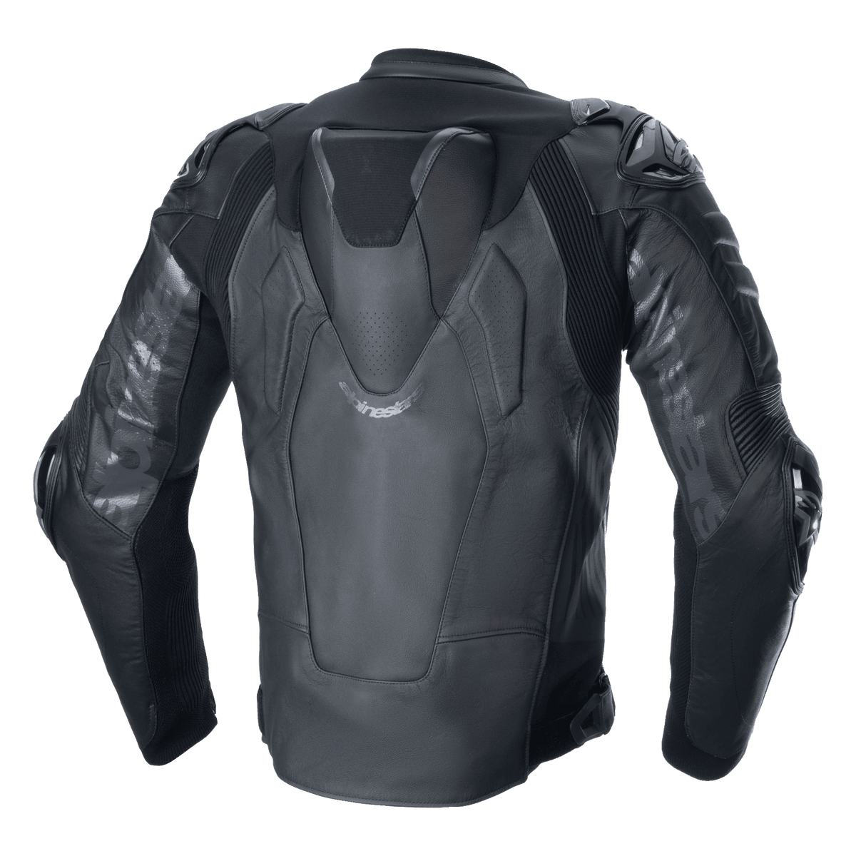 Alpinestars Atem V5 Leather Jacket, motocyklowa kurtka wyścigowa, czarna, widok z tyłu ukazujący aerodynamiczny garb, ochraniacze ramion i łokci DFS RR, techniczna konstrukcja skórzana z elastycznymi panelami i logo Alpinestars na rękawach