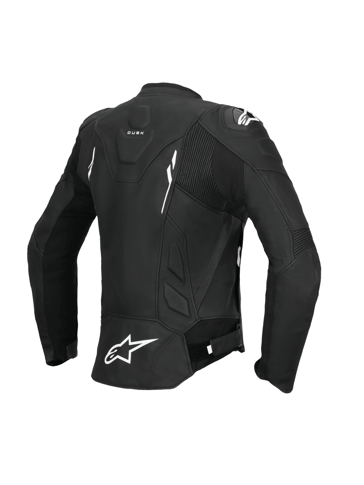 Alpinestars Kurtka Stella Dusk Skórzana, damska motocyklowa kurtka wyścigowa i sportowa, widok z tyłu w kolorze czarnym i białym, z certyfikatem CE klasy AA i elastycznymi panelami akordeonowymi