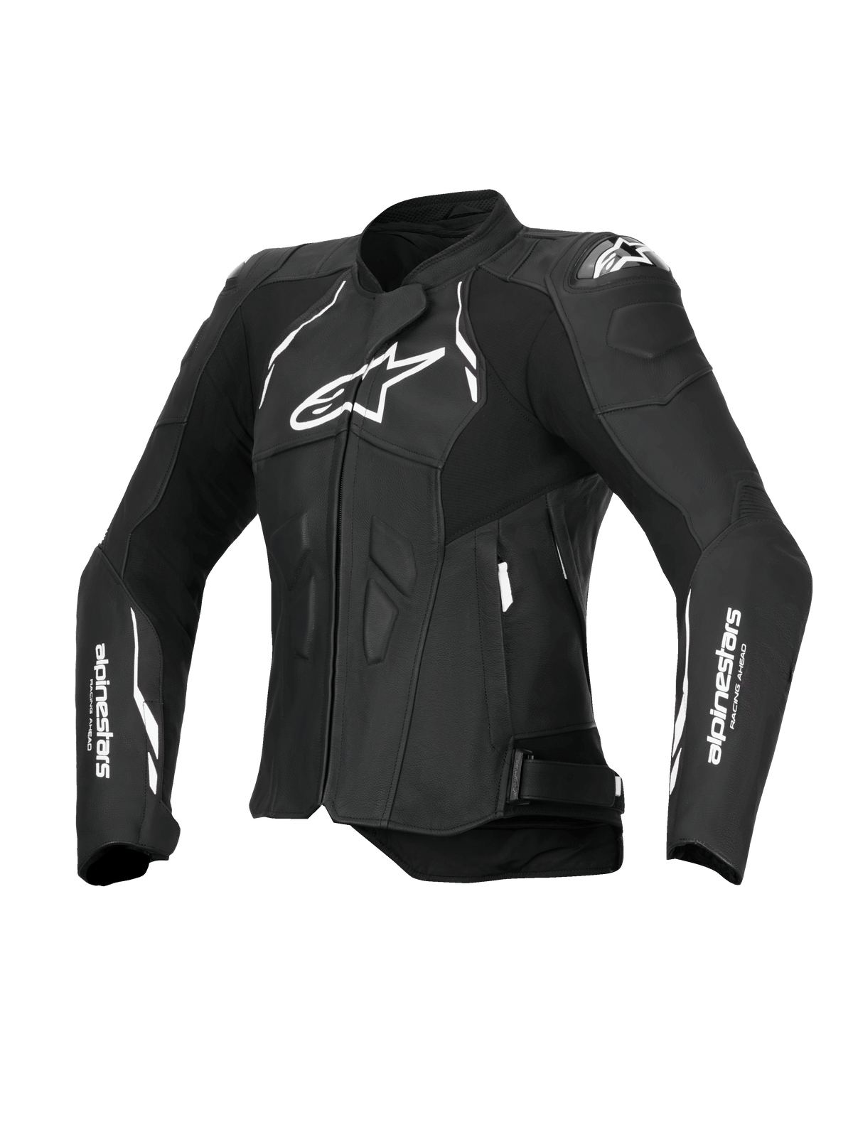 Alpinestars Stella Dusk Leather Jacket, damska skórzana kurtka motocyklowa racingowa, czarna i biała, certyfikowana CE z ochroną ramion DFS i gotowością na Tech-Air
