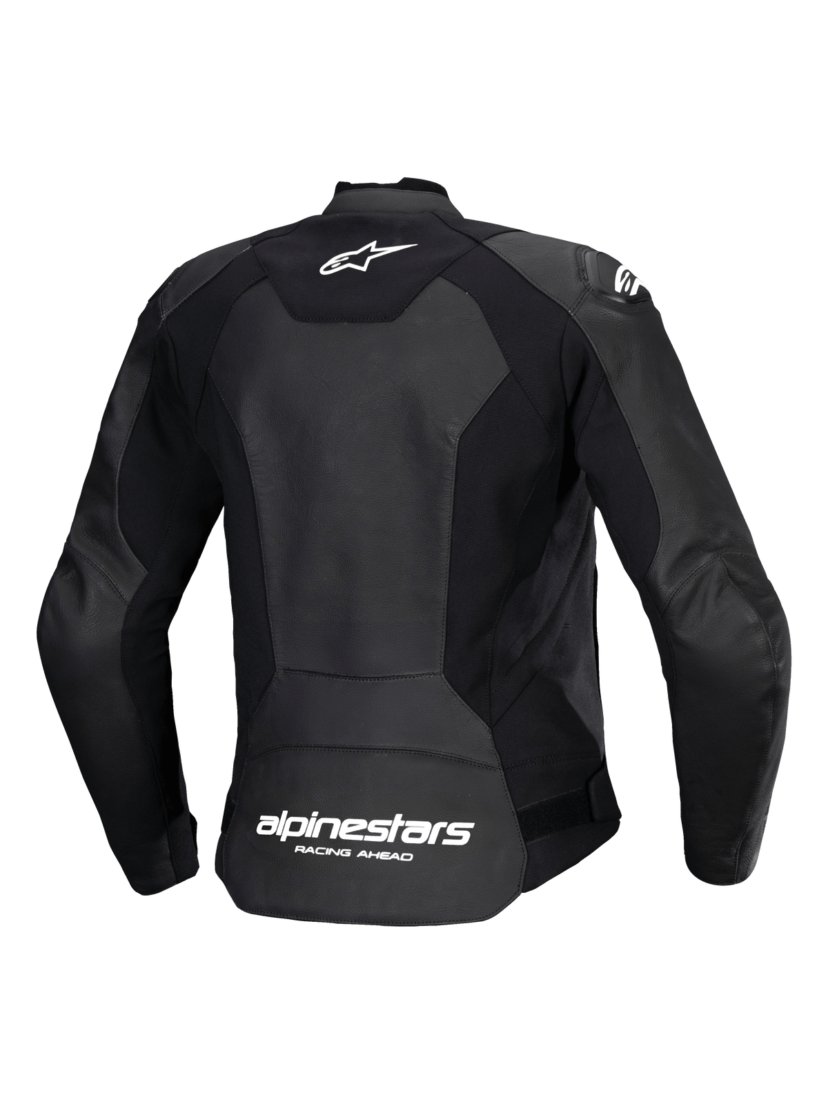 Alpinestars Stella Faster V3 Leather Jacket, damska sportowa kurtka motocyklowa, czarno-biała, widok z tyłu ukazujący konstrukcję z wielu paneli skóry i elastycznej tkaniny, białe logo Alpinestars na górze i branding na dole pleców, dopasowany sportowy krój