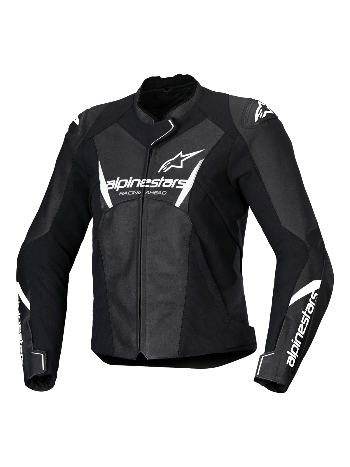 Skórzana kurtka Alpinestars Stella Faster V3, damska motocyklowa kurtka wyścigowa, czarno-biała, z białym brandingiem Alpinestars na klatce piersiowej i rękawach, konstrukcja ze skóry premium ze wzmocnionymi ramionami, aerodynamiczny sportowy design