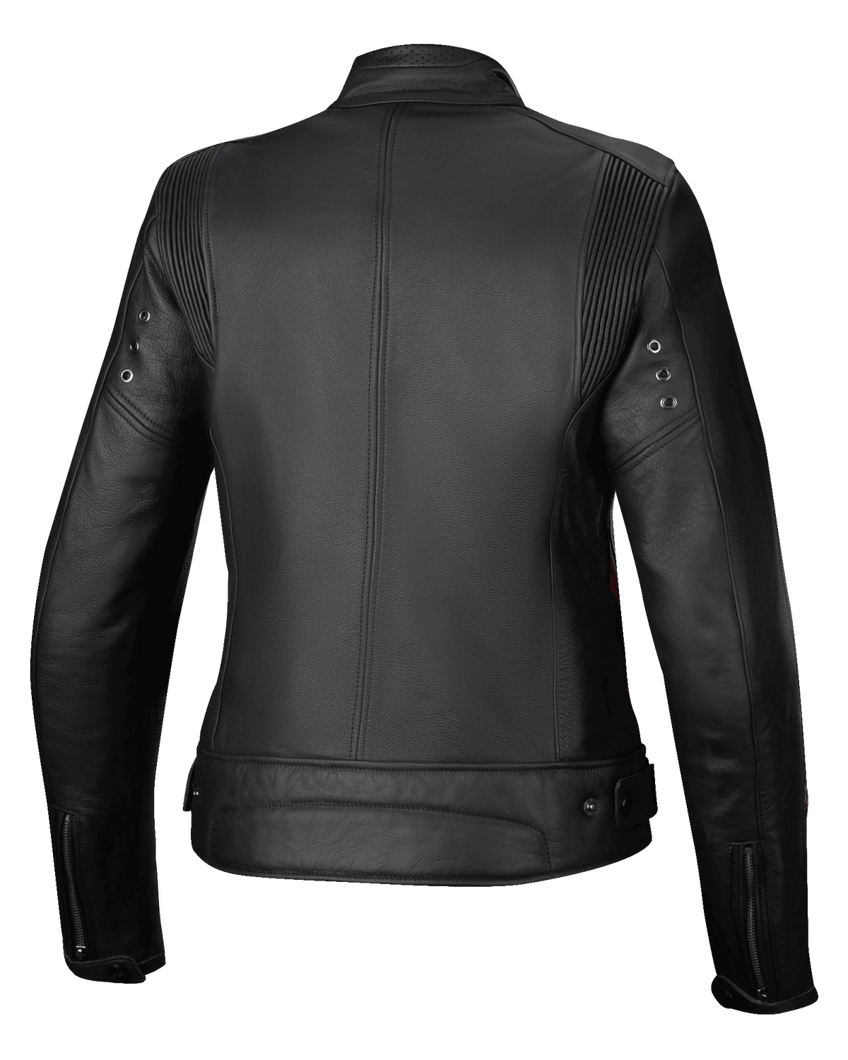 Alpinestars Stella Dyno Leather Jacket, damska kurtka motocyklowa miejska, widok z tyłu, czarna z czerwonymi akcentami, konstrukcja ze skóry bydlęcej