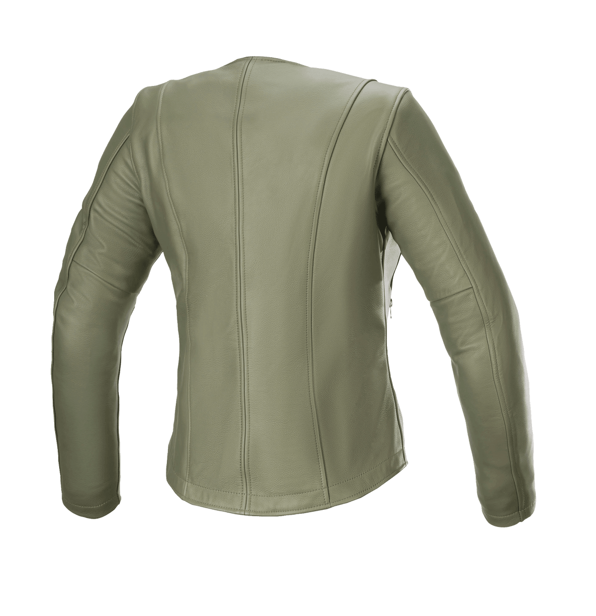 Alpinestars Damska kurtka skórzana Alice, Military Green, widok z tyłu, motocyklowa kurtka skórzana premium z eleganckimi pionowymi przeszyciami i wyprofilowanymi rękawami, miejski krój dopasowany do kobiecej sylwetki