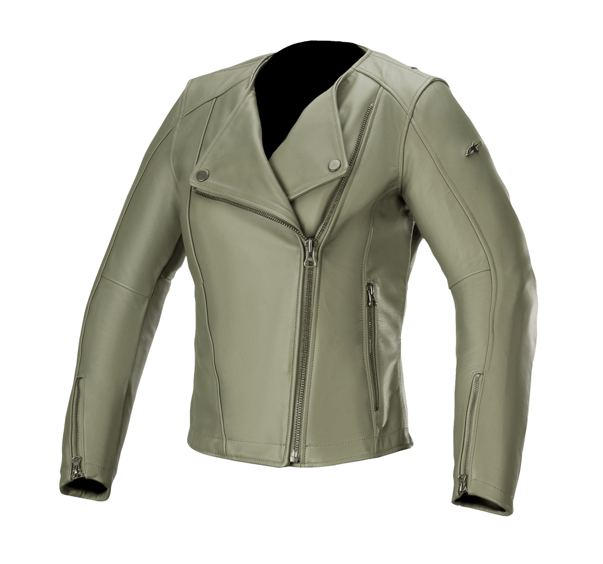 Alpinestars Alice Women's Leather Jacket, Military Green, leather motorcycle jacket with asymmetrical front zipper, snap-button collar, zippered cuffs, premium bovine leather construction, tailored feminine fit for urban riding
