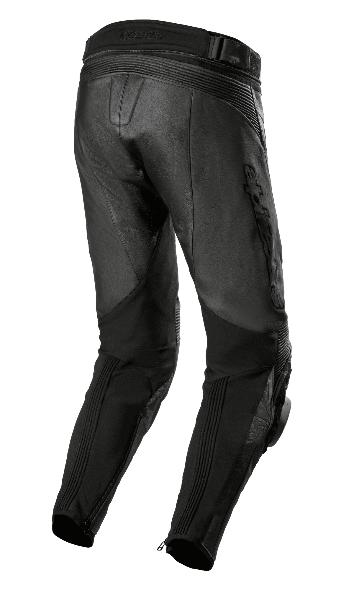 Alpinestars Missile V3 Airflow Leather Pants, Black, rear view featuring premium leather construction, accordion stretch zones above the knee, high rear waist, and flexible stretch panels on the calves with ankle zippers.