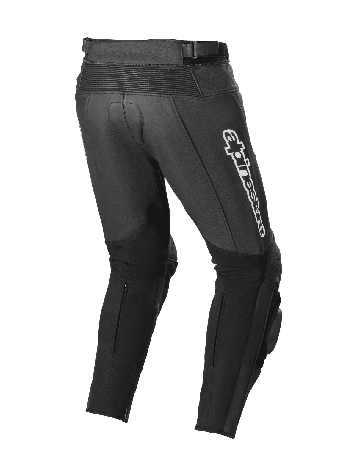 Alpinestars Track V2 Leather Pants, czarne spodnie skórzane, widok z tyłu ukazujący harmonijkowe skórzane strefy elastyczne, białe logo Alpinestars na udzie, duże elastyczne panele na łydkach oraz zintegrowane slidery kolanowe do użytku na torze i ulicy