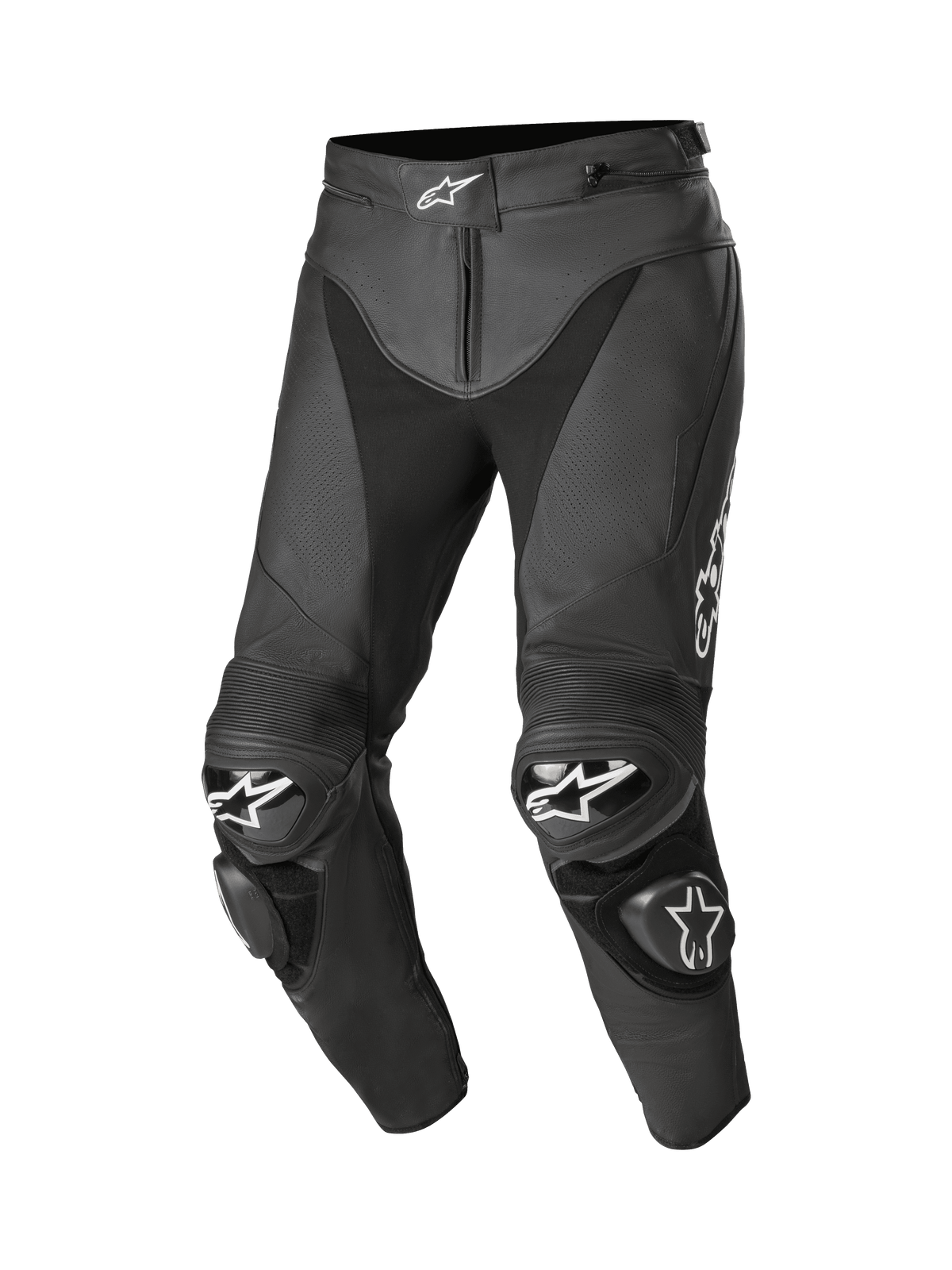 Alpinestars Track V2, skórzane spodnie motocyklowe wyścigowe, czarne z białymi logo gwiazdy w pasie i na kolanach, perforowana skóra, elastyczne panele akordeonowe nad kolanami, wymienne slidery TPU, najwyższej jakości skóra bydlęca 1,3 mm z profilowanymi nogawkami