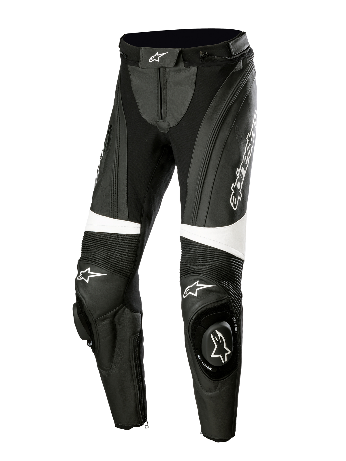 Alpinestars Stella Missile V3 Leather Pants, damskie skórzane spodnie motocyklowe, czarno-białe, elastyczne panele akordeonowe nad kolanami, zintegrowane slidery kolan z logo Alpinestars, białe paski akcentujące, dopasowany krój do jazdy sportowej i torowej