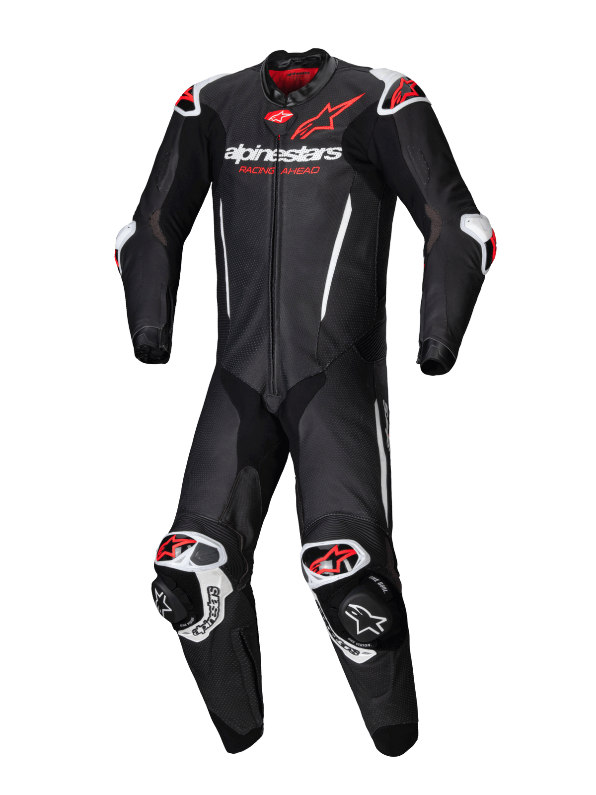 Alpinestars GP-R7 1 sztuka, męski skórzany kombinezon wyścigowy, czarny i czerwony fluo, skóra 1,3 mm, Tech-Air ready.